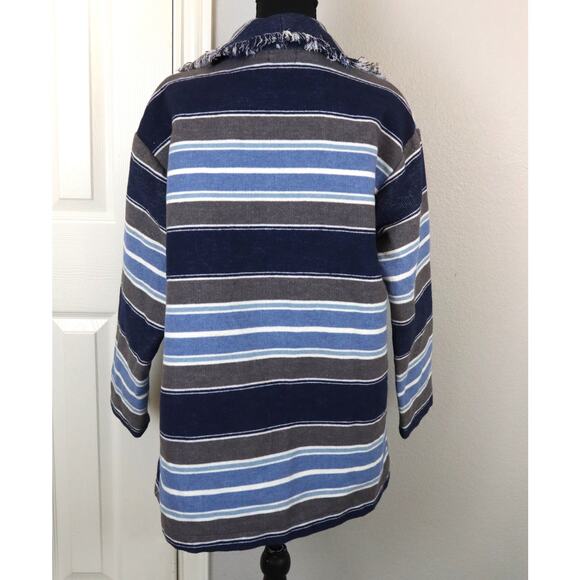 Wonderly Blue Gray Striped WOOL Blend Cardigan Jacket Knit Open Front Fringe SM - Picture 4 of 7